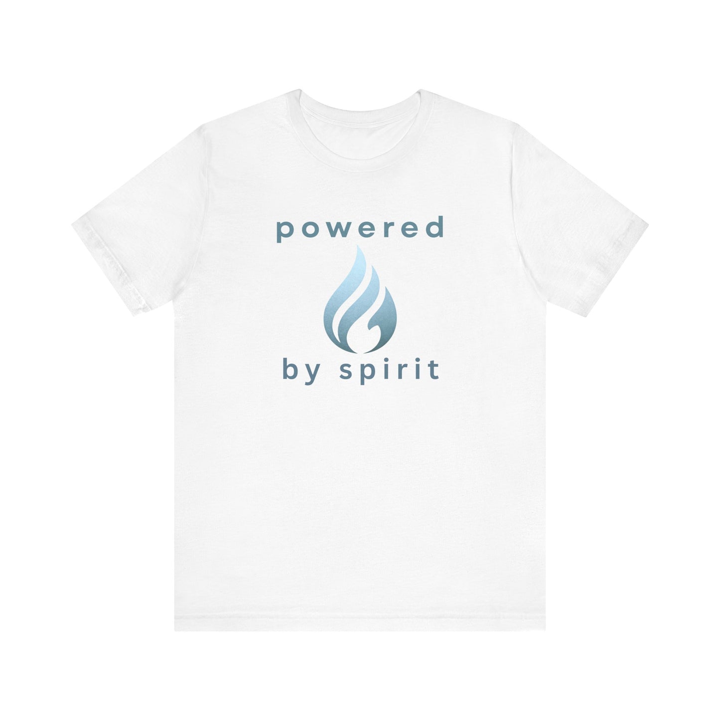 White t-shirt with 'powered by spirit' text and logo on a white background front view